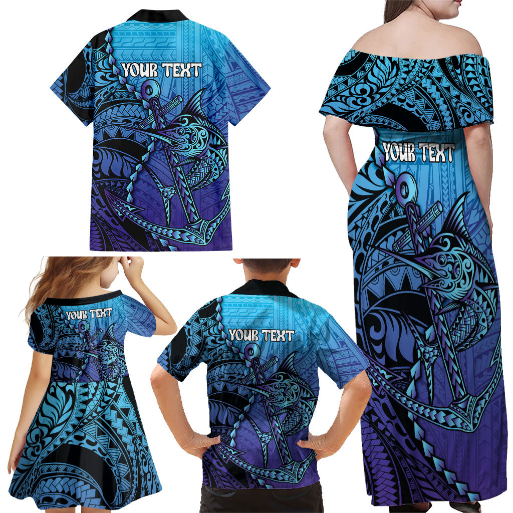 Personalised Polynesia Blue Marlin Fishing Family Matching Off Shoulder Maxi Dress and Hawaiian Shirt Marlin Anchor Tattoo Polynesian Pattern LT14 - Polynesian Pride