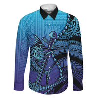 Personalised Polynesia Blue Marlin Fishing Family Matching Off Shoulder Maxi Dress and Hawaiian Shirt Marlin Anchor Tattoo Polynesian Pattern LT14 Dad's Shirt - Long Sleeve Purple - Polynesian Pride