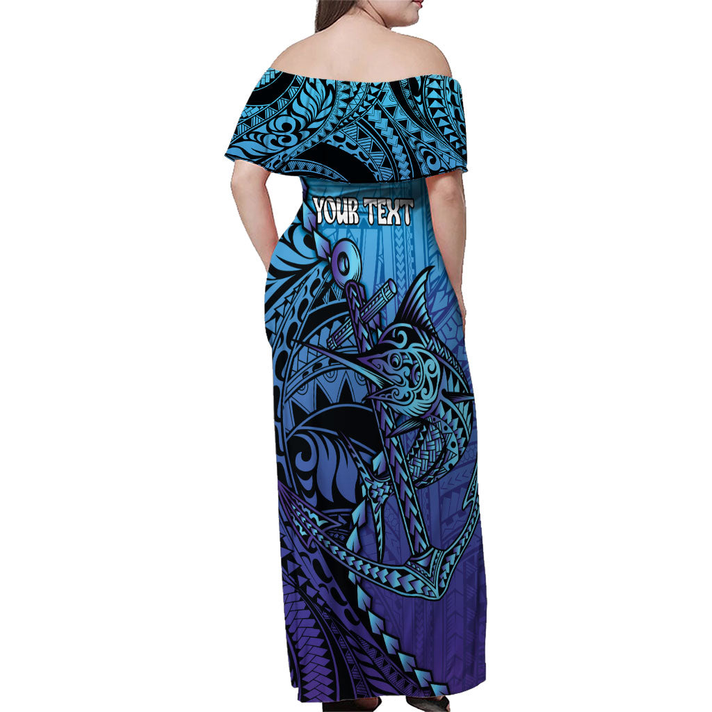 Personalised Polynesia Blue Marlin Fishing Family Matching Off Shoulder Maxi Dress and Hawaiian Shirt Marlin Anchor Tattoo Polynesian Pattern LT14 - Polynesian Pride
