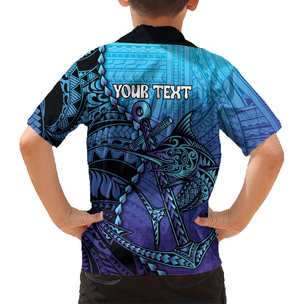 Personalised Polynesia Blue Marlin Fishing Family Matching Off Shoulder Short Dress and Hawaiian Shirt Marlin Anchor Tattoo Polynesian Pattern LT14 - Polynesian Pride