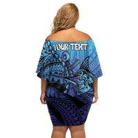 Personalised Polynesia Blue Marlin Fishing Family Matching Off Shoulder Short Dress and Hawaiian Shirt Marlin Anchor Tattoo Polynesian Pattern LT14 - Polynesian Pride