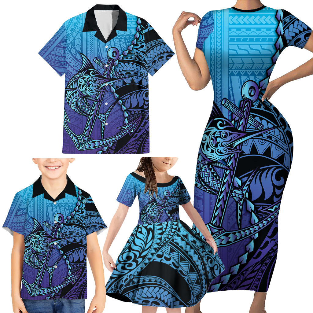 Personalised Polynesia Blue Marlin Fishing Family Matching Short Sleeve Bodycon Dress and Hawaiian Shirt Marlin Anchor Tattoo Polynesian Pattern LT14 - Polynesian Pride