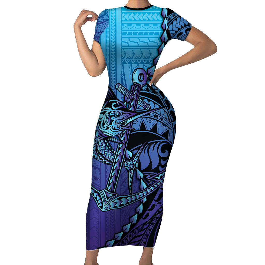 Personalised Polynesia Blue Marlin Fishing Family Matching Short Sleeve Bodycon Dress and Hawaiian Shirt Marlin Anchor Tattoo Polynesian Pattern LT14 Mom's Dress Purple - Polynesian Pride