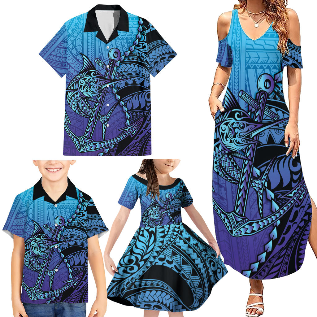 Personalised Polynesia Blue Marlin Fishing Family Matching Summer Maxi Dress and Hawaiian Shirt Marlin Anchor Tattoo Polynesian Pattern LT14 - Polynesian Pride