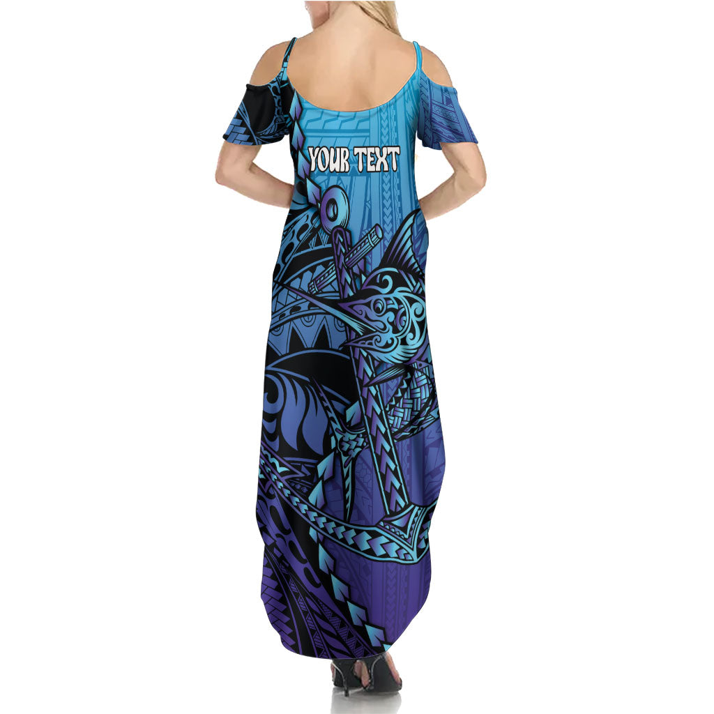 Personalised Polynesia Blue Marlin Fishing Family Matching Summer Maxi Dress and Hawaiian Shirt Marlin Anchor Tattoo Polynesian Pattern LT14 - Polynesian Pride