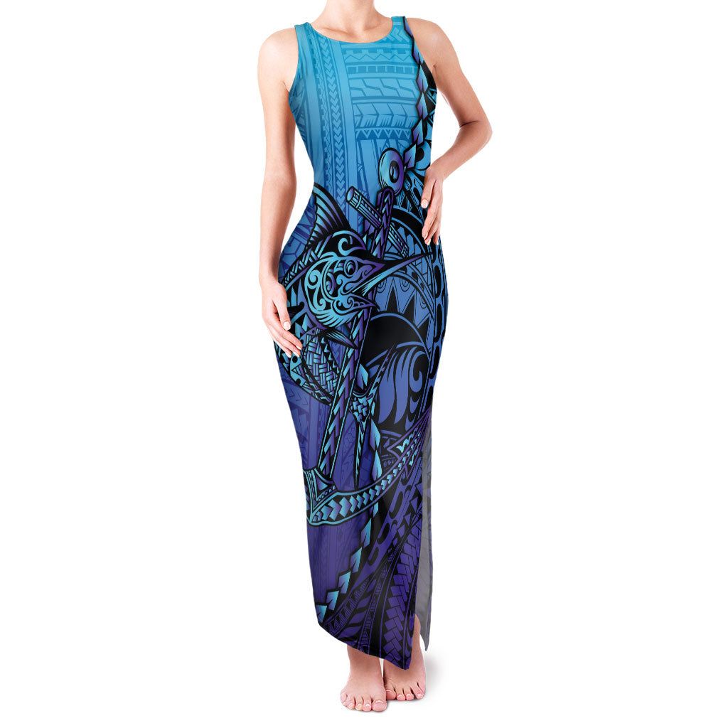 Personalised Polynesia Blue Marlin Fishing Family Matching Tank Maxi Dress and Hawaiian Shirt Marlin Anchor Tattoo Polynesian Pattern LT14 Mom's Dress Purple - Polynesian Pride