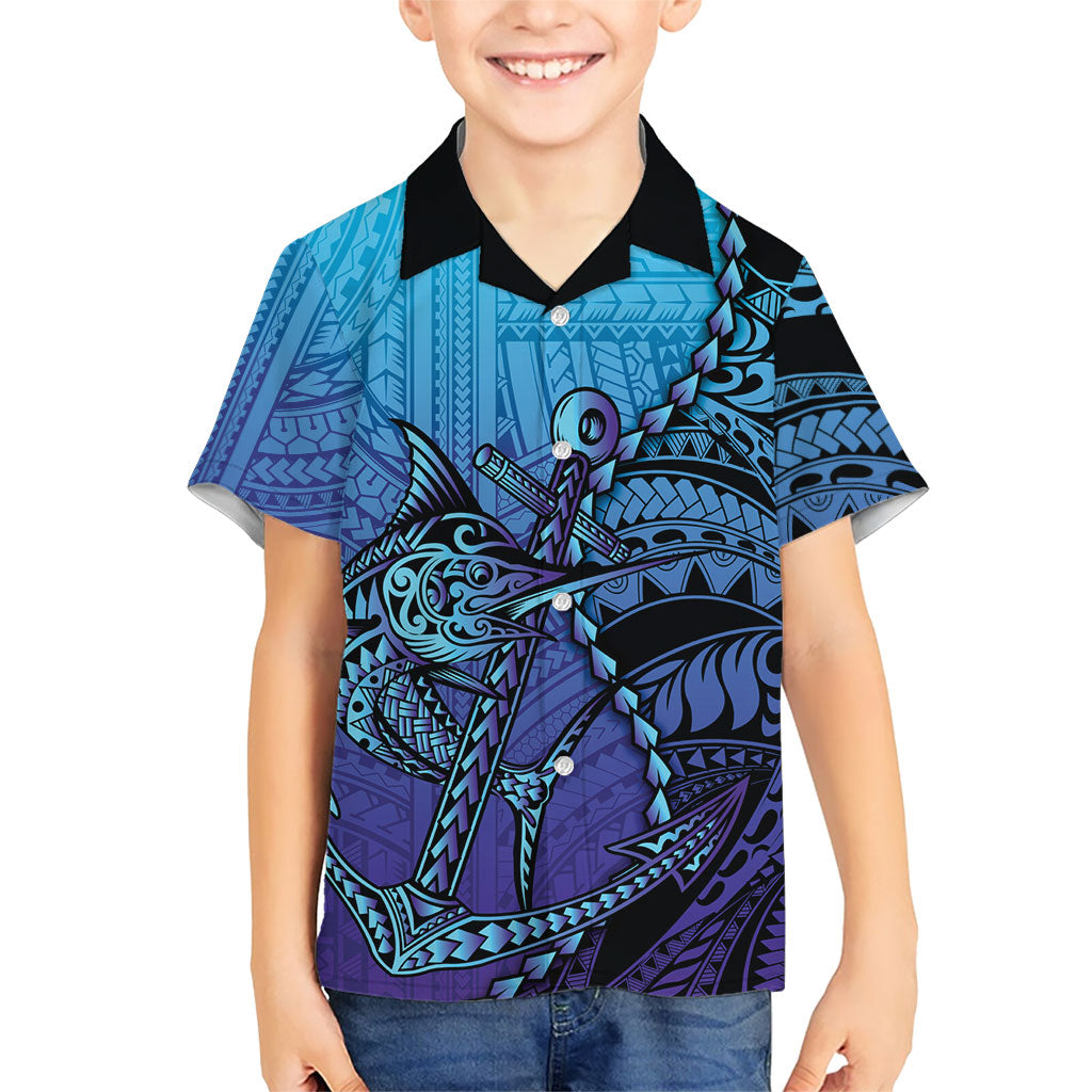 Personalised Polynesia Blue Marlin Fishing Hawaiian Shirt Marlin Anchor Tattoo Polynesian Pattern