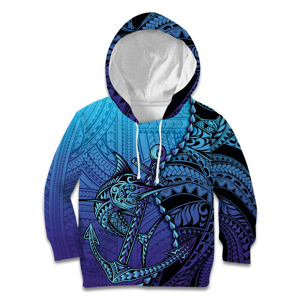 Personalised Polynesia Blue Marlin Fishing Kid Hoodie Marlin Anchor Tattoo Polynesian Pattern