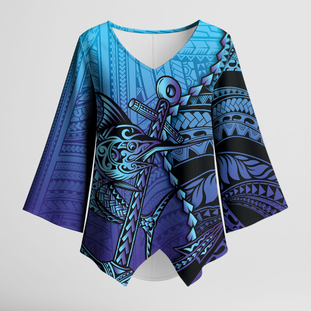 Personalised Polynesia Blue Marlin Fishing Kimono Sleeve Blouse Marlin Anchor Tattoo Polynesian Pattern LT14 Female Purple - Polynesian Pride