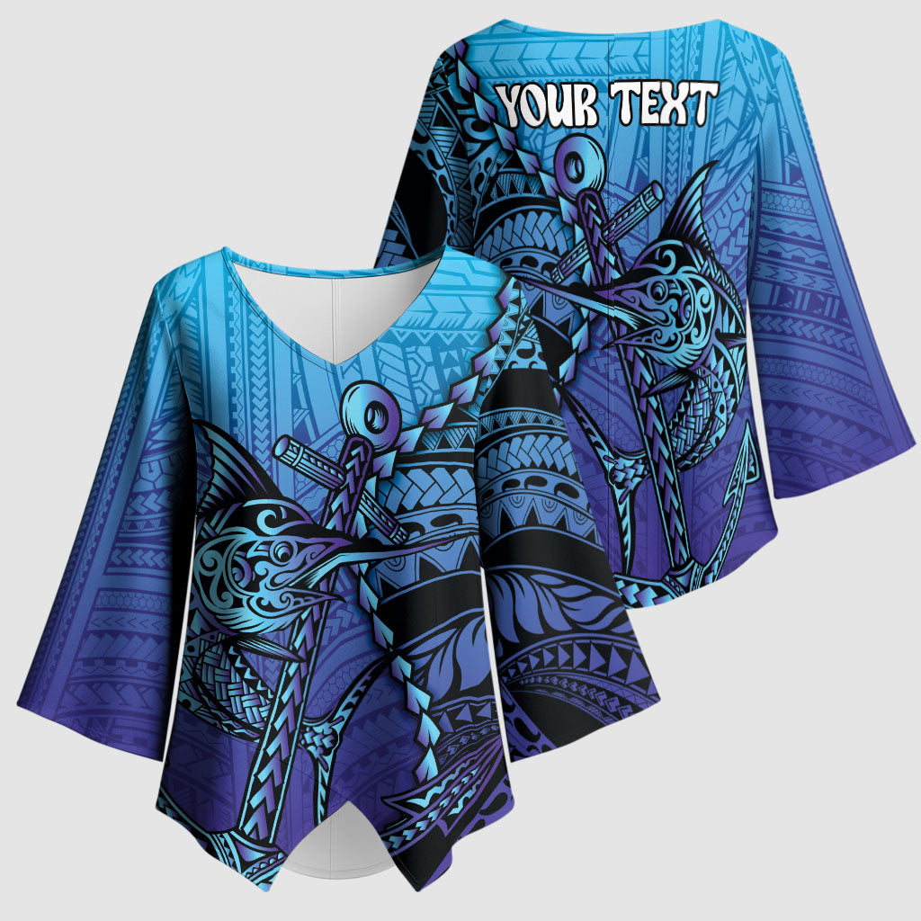 Personalised Polynesia Blue Marlin Fishing Kimono Sleeve Blouse Marlin Anchor Tattoo Polynesian Pattern LT14 - Polynesian Pride
