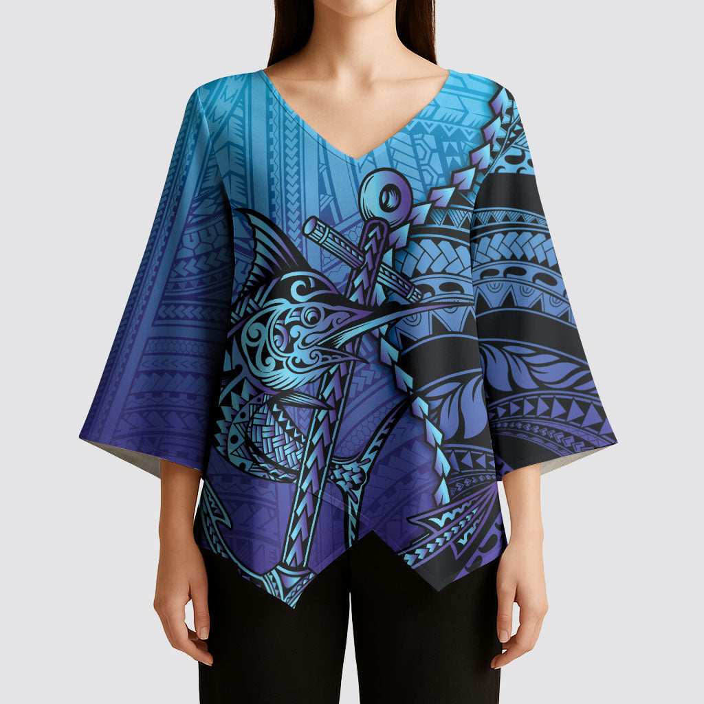 Personalised Polynesia Blue Marlin Fishing Kimono Sleeve Blouse Marlin Anchor Tattoo Polynesian Pattern LT14 - Polynesian Pride