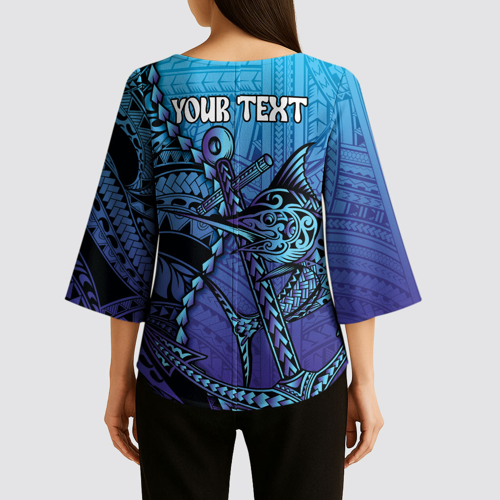 Personalised Polynesia Blue Marlin Fishing Kimono Sleeve Blouse Marlin Anchor Tattoo Polynesian Pattern LT14 - Polynesian Pride