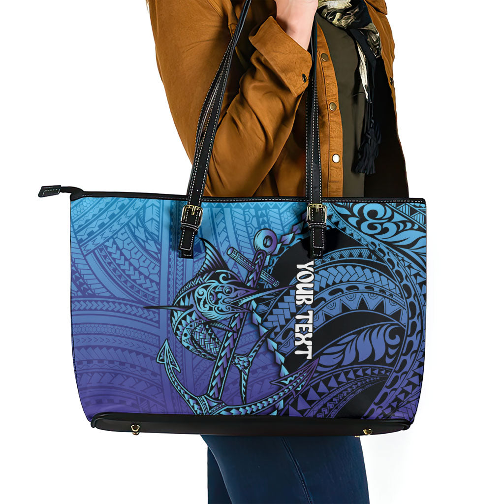 Personalised Polynesia Blue Marlin Fishing Leather Tote Bag Marlin Anchor Tattoo Polynesian Pattern