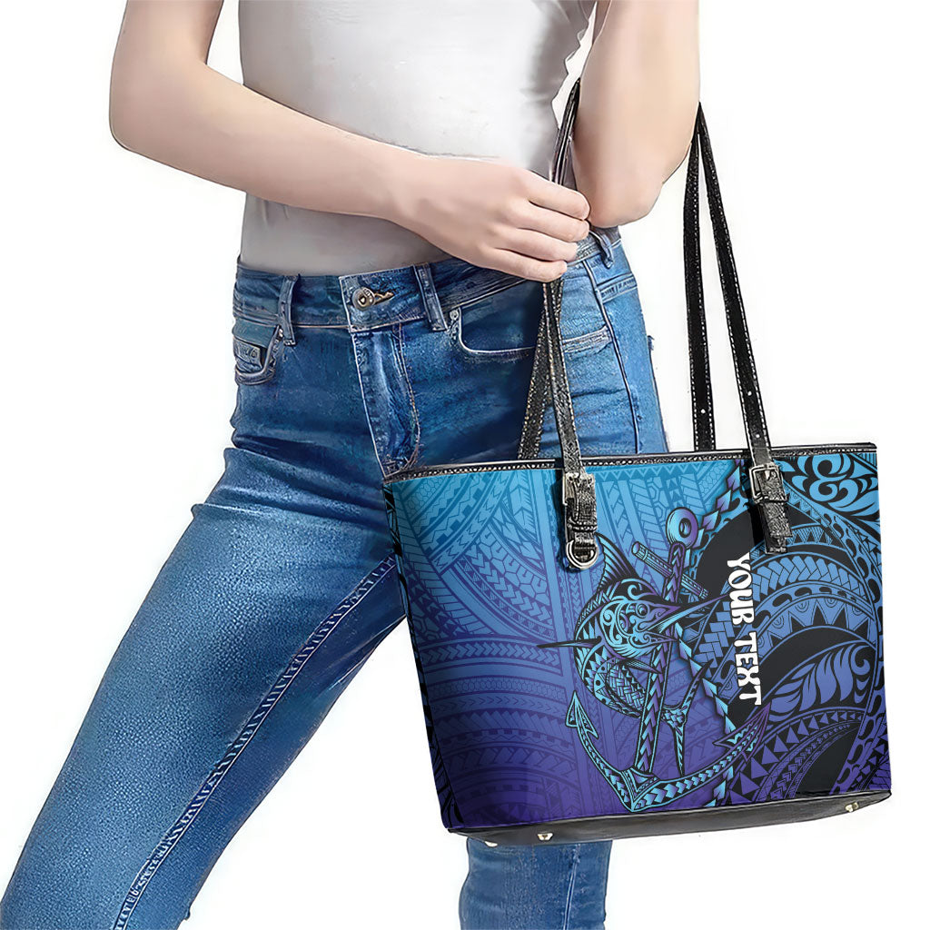 Personalised Polynesia Blue Marlin Fishing Leather Tote Bag Marlin Anchor Tattoo Polynesian Pattern