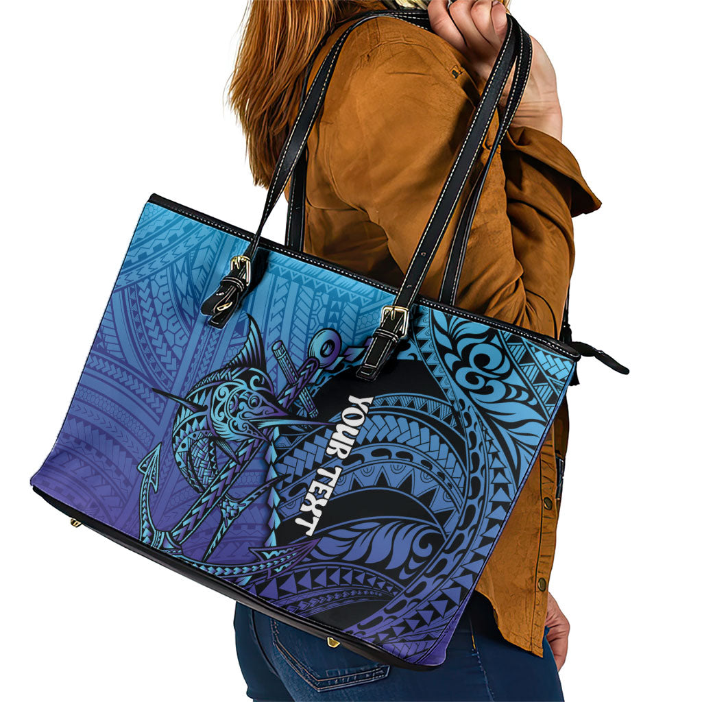 Personalised Polynesia Blue Marlin Fishing Leather Tote Bag Marlin Anchor Tattoo Polynesian Pattern