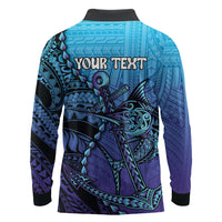 Personalised Polynesia Blue Marlin Fishing Long Sleeve Polo Shirt Marlin Anchor Tattoo Polynesian Pattern LT14 - Polynesian Pride
