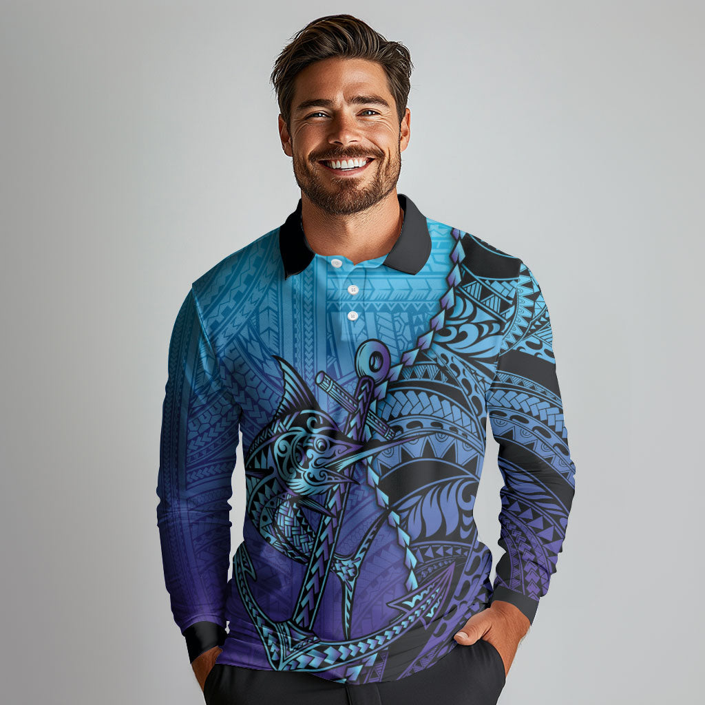 Personalised Polynesia Blue Marlin Fishing Long Sleeve Polo Shirt Marlin Anchor Tattoo Polynesian Pattern LT14 - Polynesian Pride