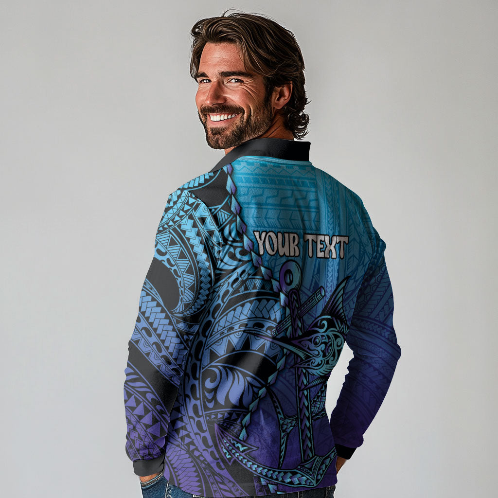 Personalised Polynesia Blue Marlin Fishing Long Sleeve Polo Shirt Marlin Anchor Tattoo Polynesian Pattern LT14 - Polynesian Pride