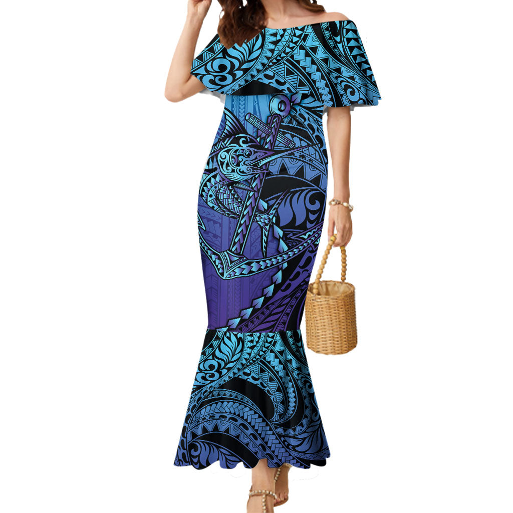 Personalised Polynesia Blue Marlin Fishing Mermaid Dress Marlin Anchor Tattoo Polynesian Pattern