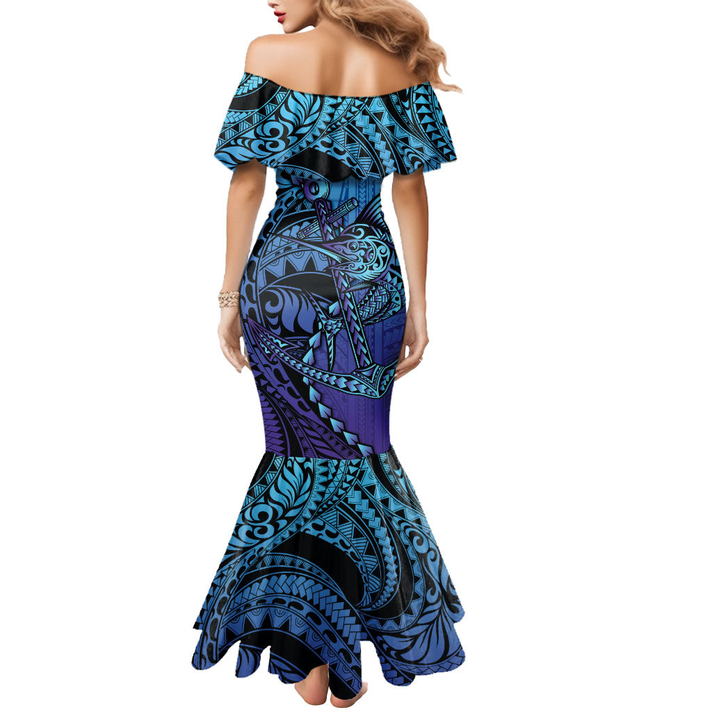 Personalised Polynesia Blue Marlin Fishing Mermaid Dress Marlin Anchor Tattoo Polynesian Pattern