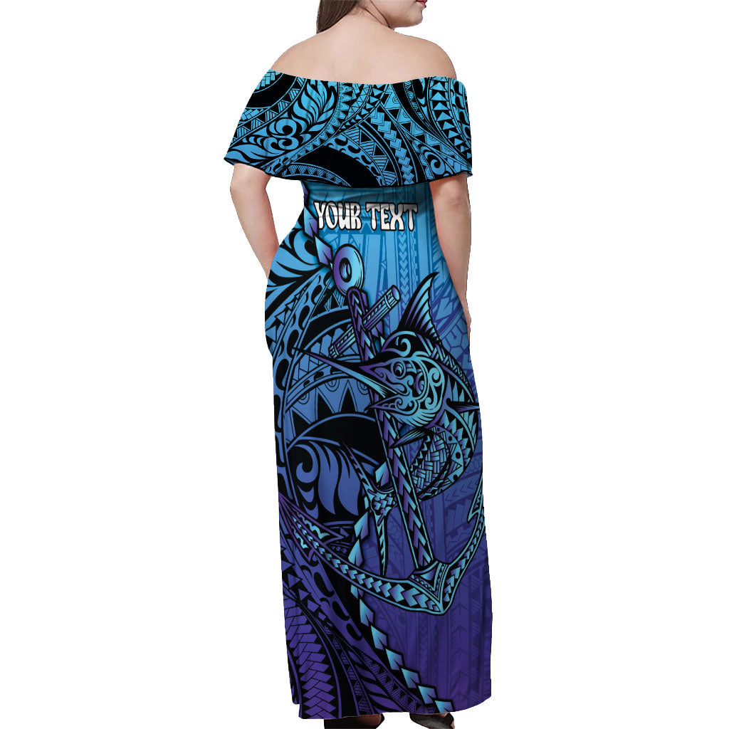 Personalised Polynesia Blue Marlin Fishing Off Shoulder Maxi Dress Marlin Anchor Tattoo Polynesian Pattern