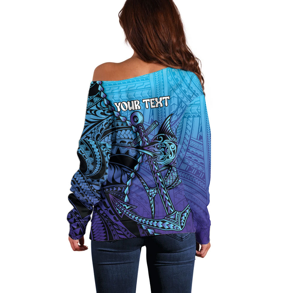 Personalised Polynesia Blue Marlin Fishing Off Shoulder Sweater Marlin Anchor Tattoo Polynesian Pattern