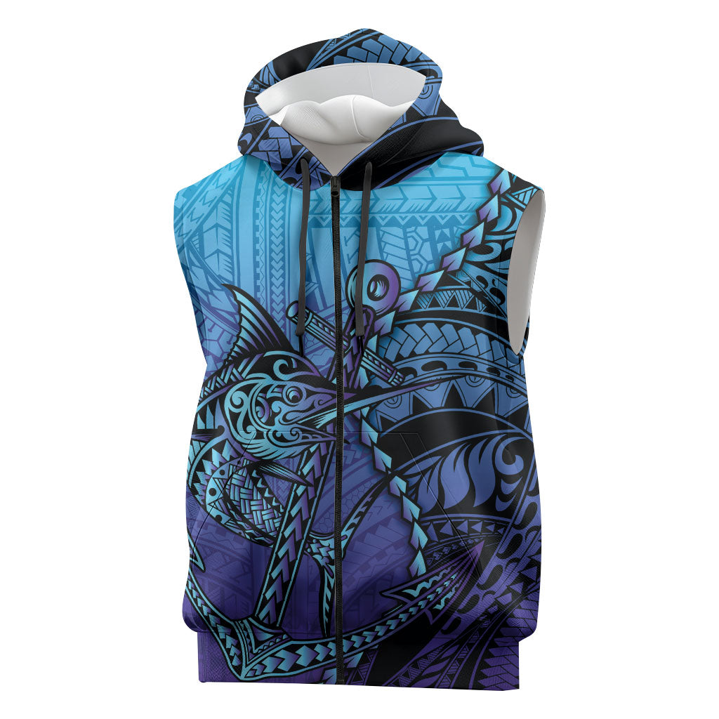 Personalised Polynesia Blue Marlin Fishing Sleeveless Zip Hoodie Marlin Anchor Tattoo Polynesian Pattern