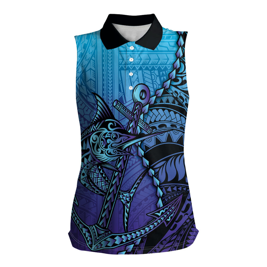 Personalised Polynesia Blue Marlin Fishing Women Sleeveless Polo Shirt Marlin Anchor Tattoo Polynesian Pattern