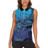 Personalised Polynesia Blue Marlin Fishing Women Sleeveless Polo Shirt Marlin Anchor Tattoo Polynesian Pattern LT14 - Polynesian Pride
