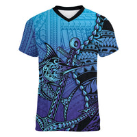 Personalised Polynesia Blue Marlin Fishing Women V-Neck T-Shirt Marlin Anchor Tattoo Polynesian Pattern LT14 Female Purple - Polynesian Pride