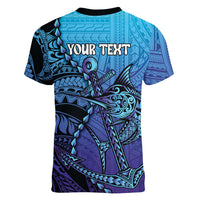 Personalised Polynesia Blue Marlin Fishing Women V-Neck T-Shirt Marlin Anchor Tattoo Polynesian Pattern LT14 - Polynesian Pride