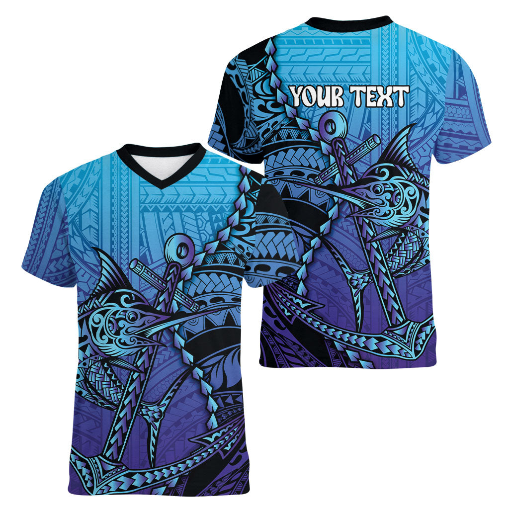 Personalised Polynesia Blue Marlin Fishing Women V-Neck T-Shirt Marlin Anchor Tattoo Polynesian Pattern LT14 - Polynesian Pride