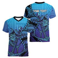 Personalised Polynesia Blue Marlin Fishing Women V-Neck T-Shirt Marlin Anchor Tattoo Polynesian Pattern LT14 - Polynesian Pride