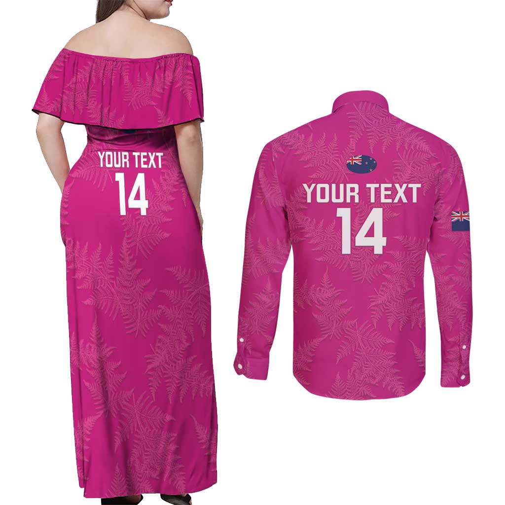 Custom New Zealand Silver Fern Rugby Couples Matching Off Shoulder Maxi Dress and Long Sleeve Button Shirt Go Aotearoa - Pink Version LT14 - Polynesian Pride