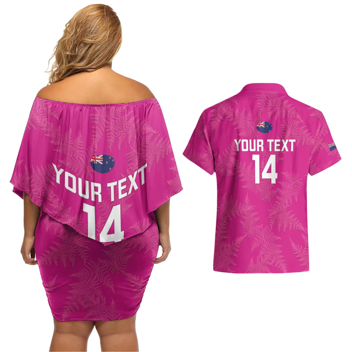 Custom New Zealand Silver Fern Rugby Couples Matching Off Shoulder Short Dress and Hawaiian Shirt Go Aotearoa - Pink Version LT14 - Polynesian Pride