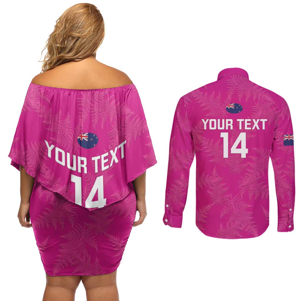 Custom New Zealand Silver Fern Rugby Couples Matching Off Shoulder Short Dress and Long Sleeve Button Shirt Go Aotearoa - Pink Version LT14 - Polynesian Pride