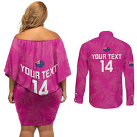 Custom New Zealand Silver Fern Rugby Couples Matching Off Shoulder Short Dress and Long Sleeve Button Shirt Go Aotearoa - Pink Version LT14 - Polynesian Pride