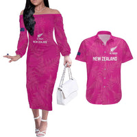 Custom New Zealand Silver Fern Rugby Couples Matching Off The Shoulder Long Sleeve Dress and Hawaiian Shirt Go Aotearoa - Pink Version LT14 Pink - Polynesian Pride