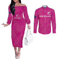 Custom New Zealand Silver Fern Rugby Couples Matching Off The Shoulder Long Sleeve Dress and Long Sleeve Button Shirt Go Aotearoa - Pink Version LT14 Pink - Polynesian Pride