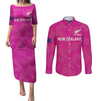 Custom New Zealand Silver Fern Rugby Couples Matching Puletasi and Long Sleeve Button Shirt Go Aotearoa - Pink Version LT14 Pink - Polynesian Pride