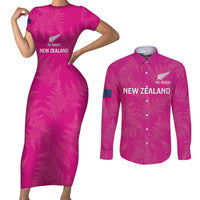 Custom New Zealand Silver Fern Rugby Couples Matching Short Sleeve Bodycon Dress and Long Sleeve Button Shirt Go Aotearoa - Pink Version LT14 Pink - Polynesian Pride