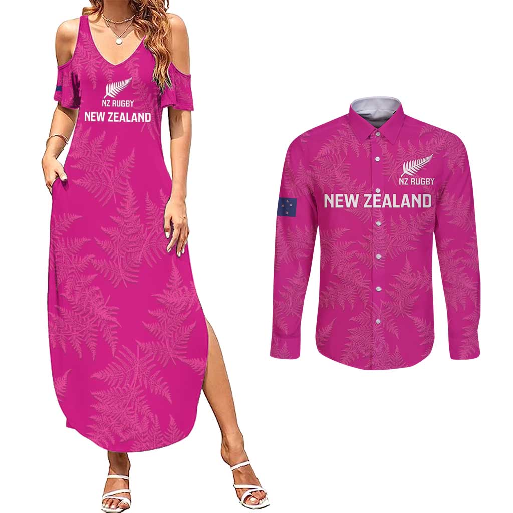 Custom New Zealand Silver Fern Rugby Couples Matching Summer Maxi Dress and Long Sleeve Button Shirt Go Aotearoa - Pink Version LT14 Pink - Polynesian Pride