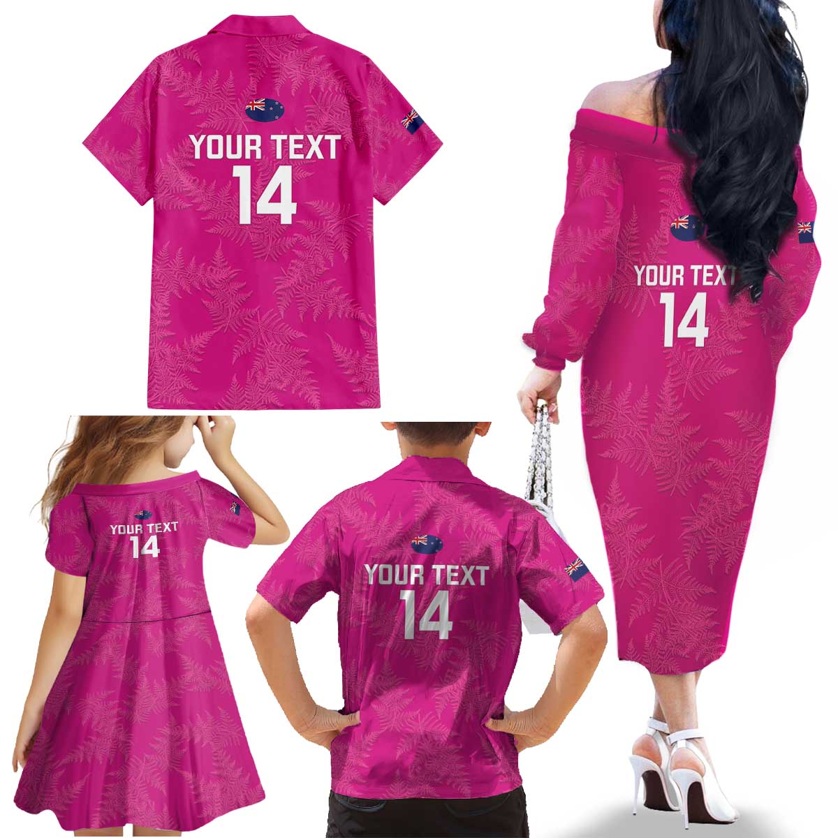 Custom New Zealand Silver Fern Rugby Family Matching Off The Shoulder Long Sleeve Dress and Hawaiian Shirt Go Aotearoa - Pink Version LT14 - Polynesian Pride