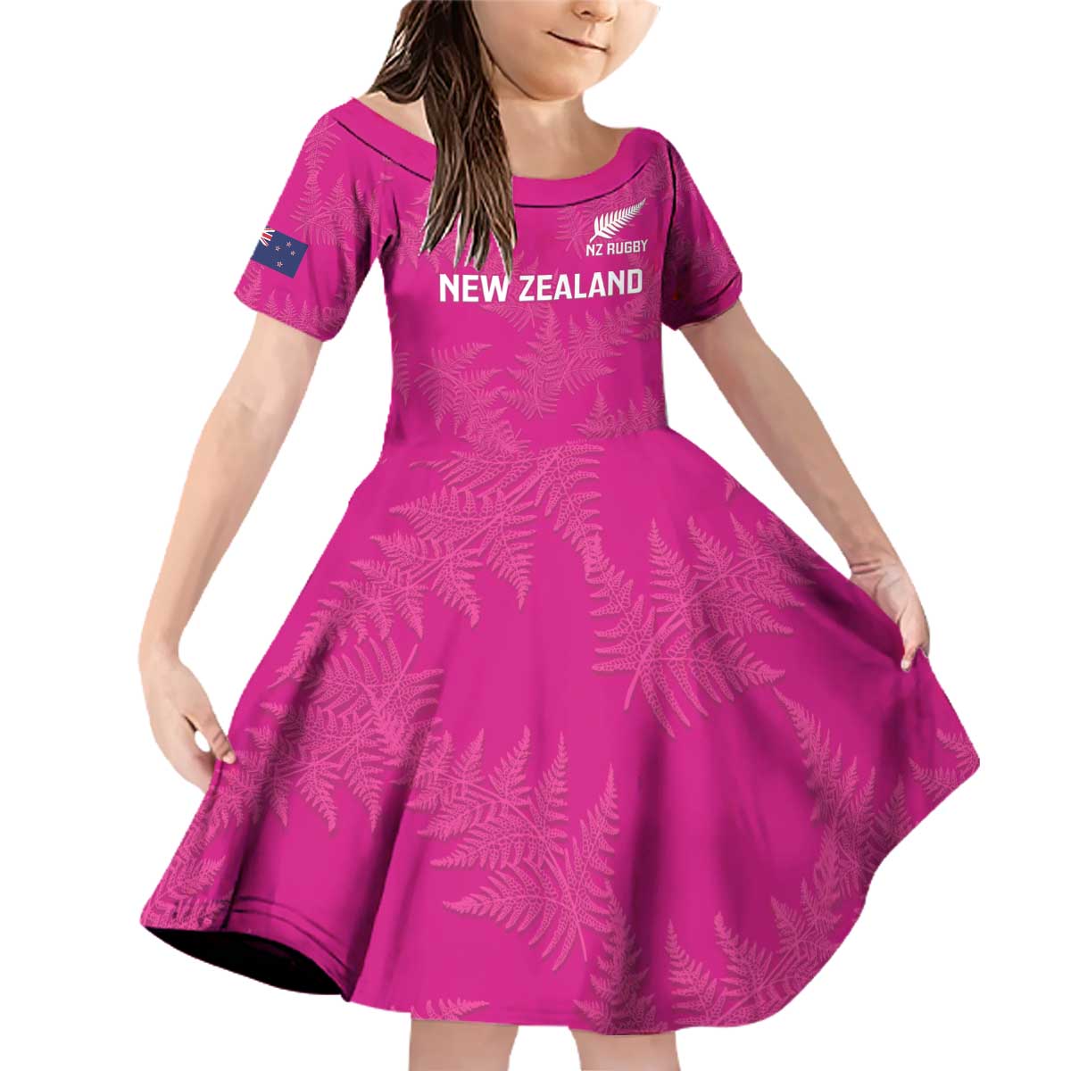 Custom New Zealand Silver Fern Rugby Family Matching Off Shoulder Short Dress and Hawaiian Shirt Go Aotearoa - Pink Version LT14 Daughter's Dress Pink - Polynesian Pride