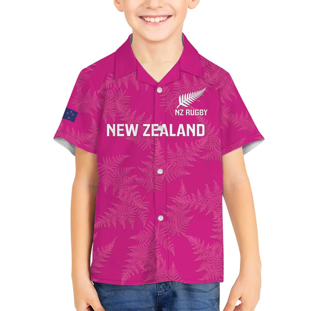 Custom New Zealand Silver Fern Rugby Family Matching Off Shoulder Short Dress and Hawaiian Shirt Go Aotearoa - Pink Version LT14 Son's Shirt Pink - Polynesian Pride