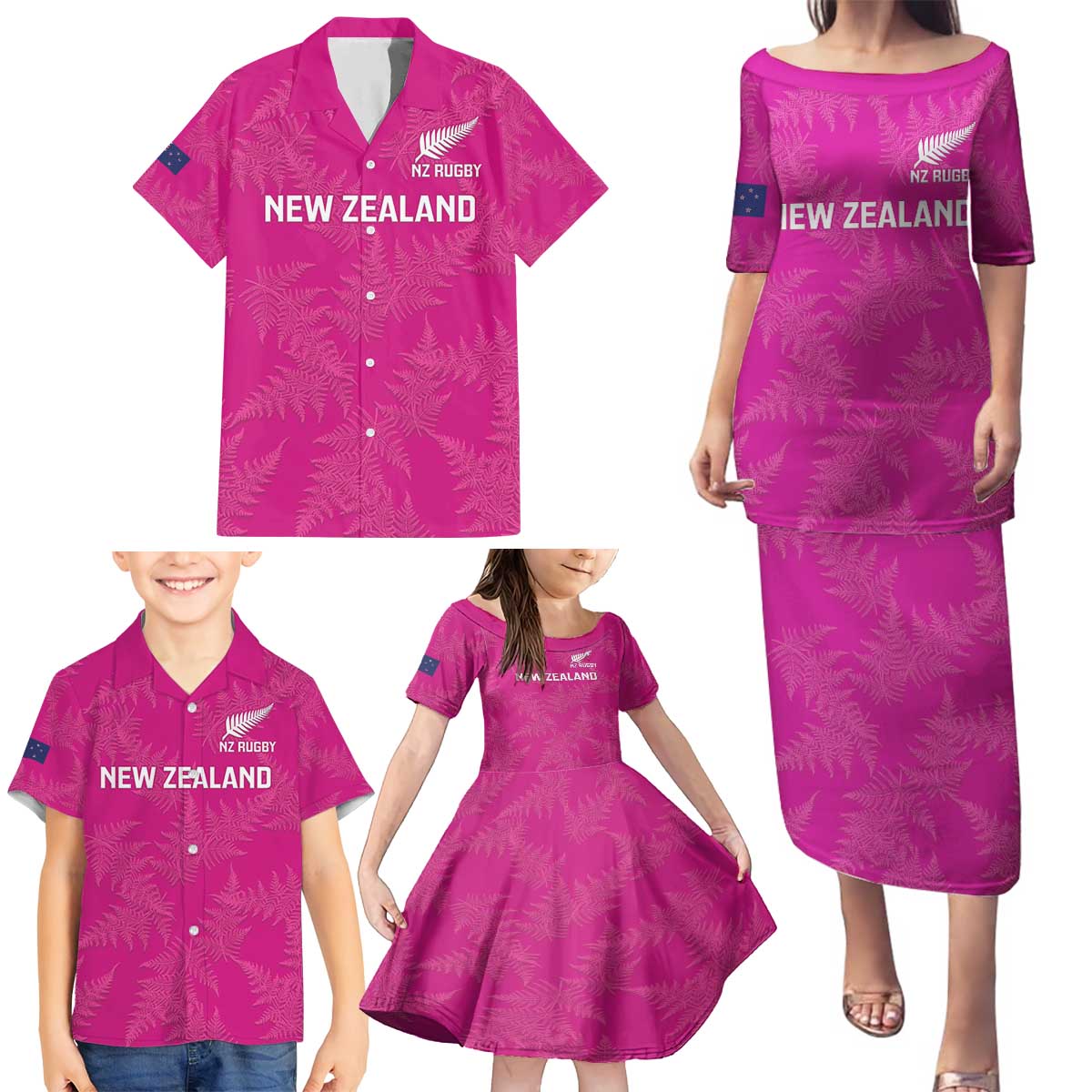 Custom New Zealand Silver Fern Rugby Family Matching Puletasi and Hawaiian Shirt Go Aotearoa - Pink Version LT14 - Polynesian Pride