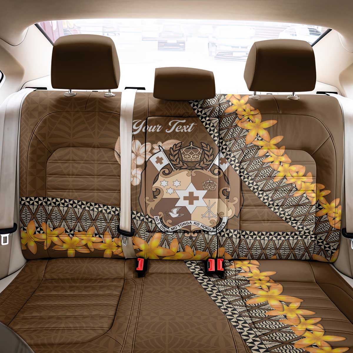 Personalised Tonga Language Week Back Car Seat Cover Malo e Lelei Tongan Ngatu Pattern - Brown LT14 - Polynesian Pride