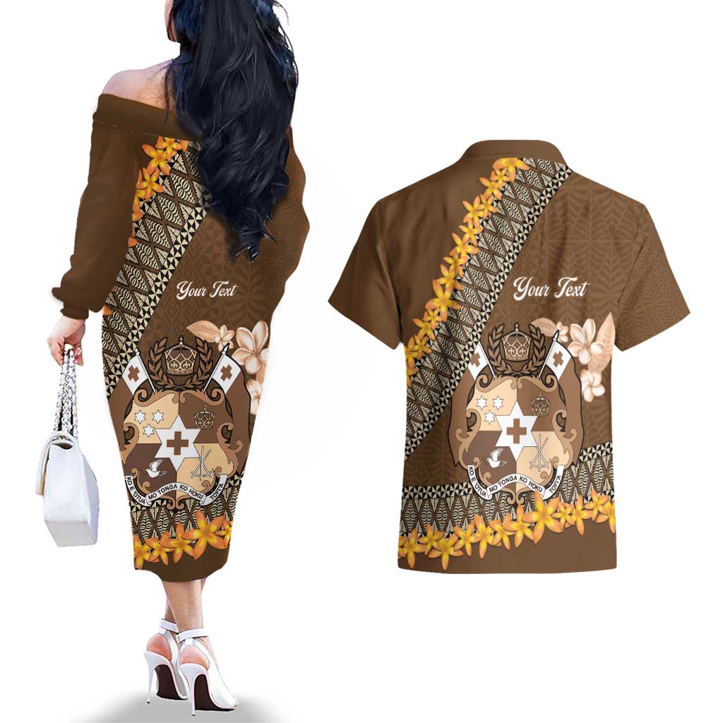 Personalised Tonga Language Week Couples Matching Off The Shoulder Long Sleeve Dress and Hawaiian Shirt Malo e Lelei Tongan Ngatu Pattern - Brown LT14 - Polynesian Pride