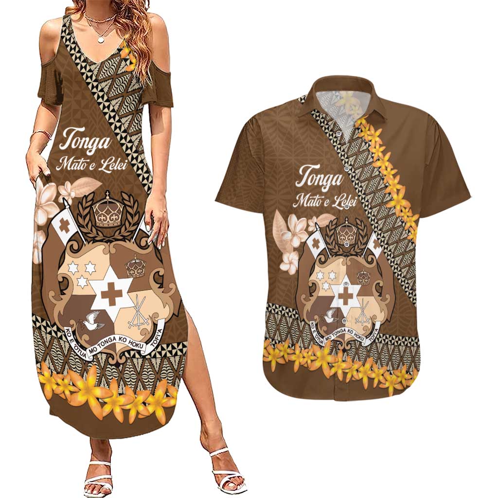Personalised Tonga Language Week Couples Matching Summer Maxi Dress and Hawaiian Shirt Malo e Lelei Tongan Ngatu Pattern - Brown LT14 Brown - Polynesian Pride