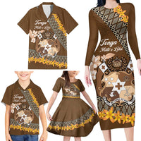 Personalised Tonga Language Week Family Matching Long Sleeve Bodycon Dress and Hawaiian Shirt Malo e Lelei Tongan Ngatu Pattern - Brown LT14 - Polynesian Pride